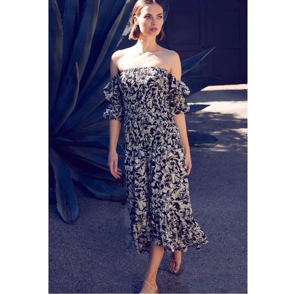 Revolve Misa Diya Midi Maxi Dress Tonal Abstract XS NWT Ruffles Off Shoulder - Picture 1 of 13